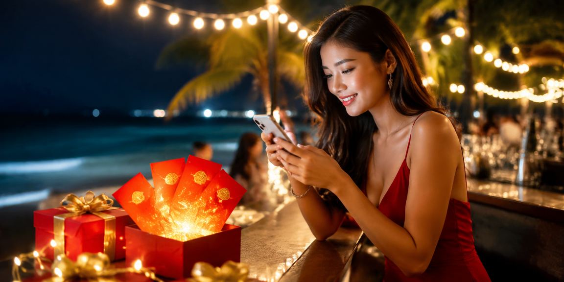Người dùng tại bãi biển Phú Quốc cầm phong bì đỏ may mắn trong chương trình bonus